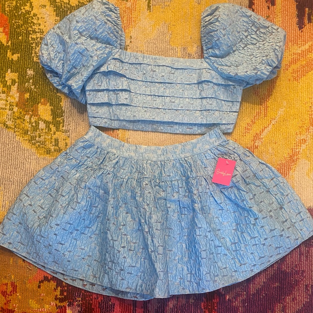 Blue Jacquard Puff Sleeve Two-Piece Skirt Set